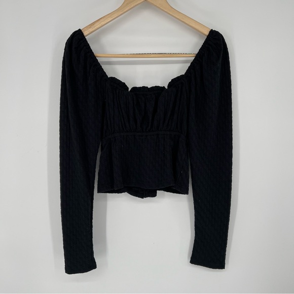 Free People Ladybug Long Sleeve Top Black Ruched Ruffle Detail Sweetheart Large - Picture 12 of 14